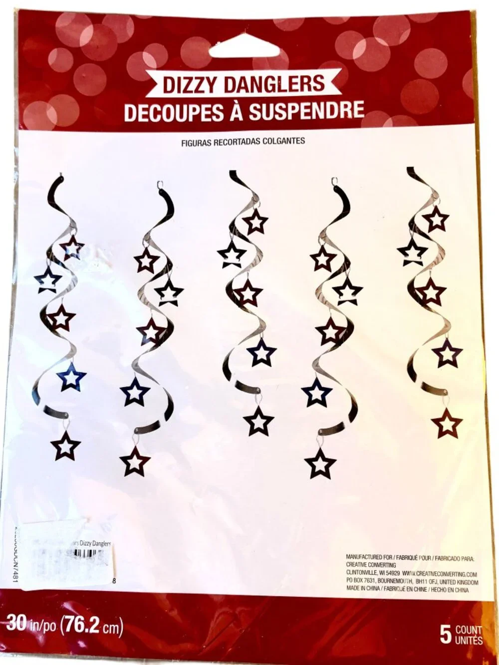4th of July Hanging GARLAND + DIZZY DANGLERS Red Blue Silver STARS New